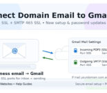 Laptop displaying Gmail inbox with a business domain email account configured using POP3 and SMTP settings.