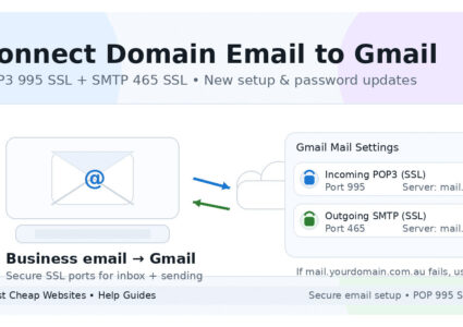 Laptop displaying Gmail inbox with a business domain email account configured using POP3 and SMTP settings.