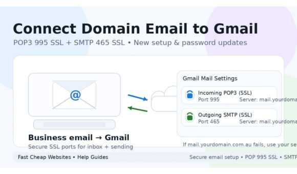 Laptop displaying Gmail inbox with a business domain email account configured using POP3 and SMTP settings.